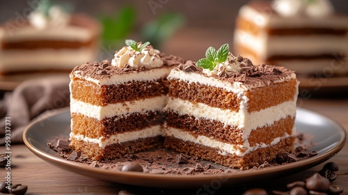 Slicces of coffee cake on tea plates The cake is topped with whipped cream and grated chocolate : Generative AI