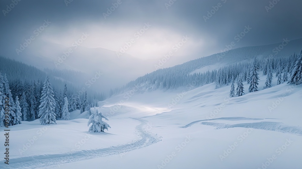 Obraz premium Snowy Morning Landscape with Frosty Trees