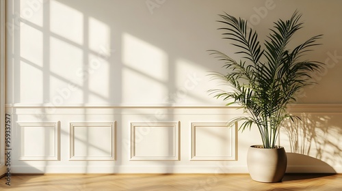 White classic wall background brown parquet floor home furniture detail frame and vase of plant : Generative AI