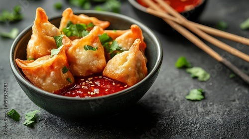 Chinese takeaway finger food Vegetable wontons with sweet chilli dip sauce and chop sticks : Generative AI