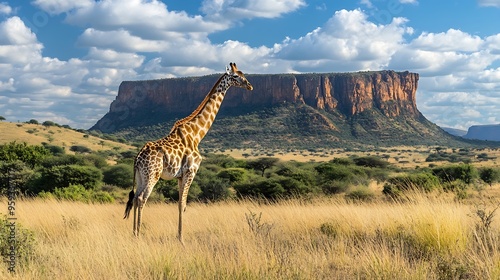 Giraffe Giraffa Camelopardalis panorama in African Savannah with a butte geological formation Entabeni Safari Reserve Limpopo Province South Africa : Generative AI photo