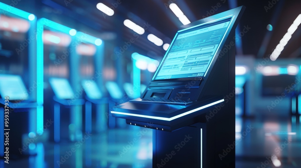Fototapeta premium Advanced voting booth featuring a digital ballot box with a touchscreen and secure slot, enhanced by sleek lines, futuristic design, and soft blue lighting..