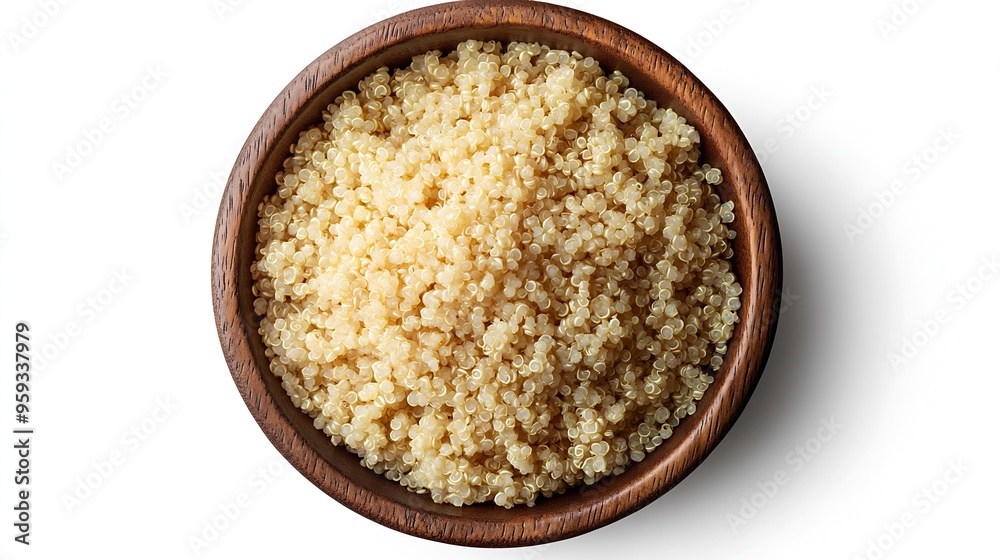 Tasty cooked quinoa in bowl isolated on white top view : Generative AI Tasty cooked quinoa in bowl isolated on white top view : Generative AI