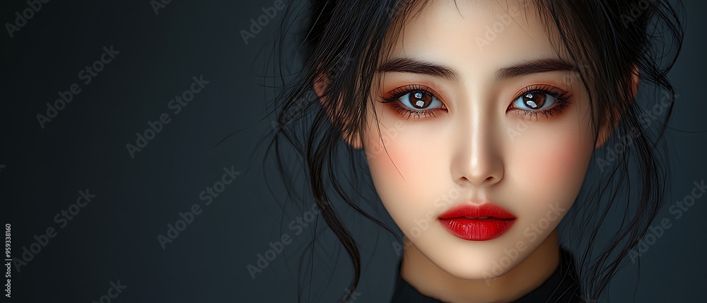 Close-up portrait of a beautiful young woman with dark hair and red lipstick, looking directly at the camera against a dark background. Close-up portrait of a beautiful young woman with dark hair and red lipstick, looking directly at the camera against a dark background.