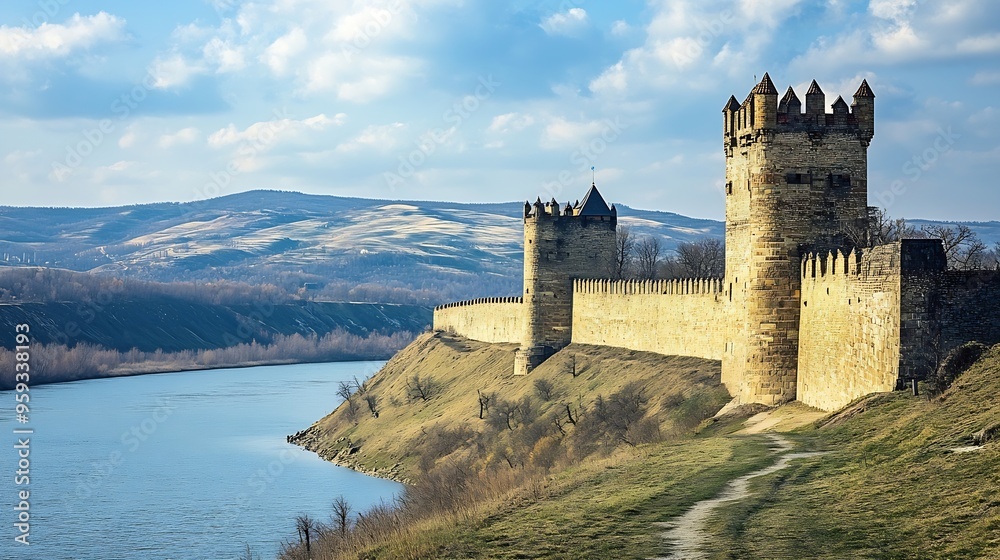 Khotyn fortress built in the 14th century View of top of the fortress wall and towers among the hills closeup on background of Dniester river and its left bank at early springtime Ukra : Generative AI Khotyn fortress built in the 14th century View of top of the fortress wall and towers among the hills closeup on background of Dniester river and its left bank at early springtime Ukra : Generative AI