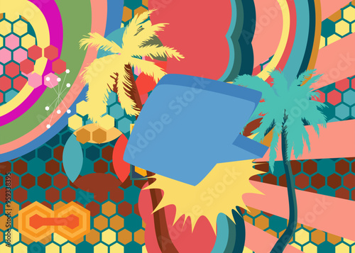 Retro 70s Background with Palm Tree and speech bubble. Groovy Tourist Resort 1970s art template. Minimalistic Vintage design poster. Old-fashioned color artwork.