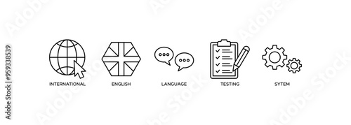 IELTS icon. International English Language Testing System with an icon of globe, England flag, communication, evaluation, process, and gears photo