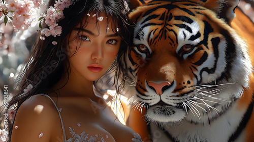 A beautiful young woman forms an unexpected bond with a majestic tiger amidst a lush, floral setting.