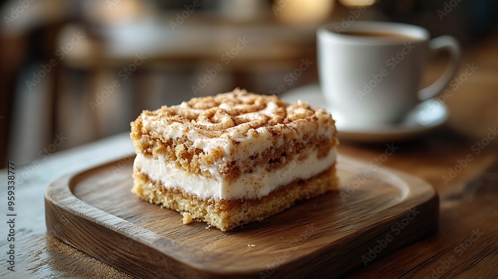 Closeup of a piece of cinnamon swirl crumb cake and coffee cup on a wooden plate : Generative AI Closeup of a piece of cinnamon swirl crumb cake and coffee cup on a wooden plate : Generative AI