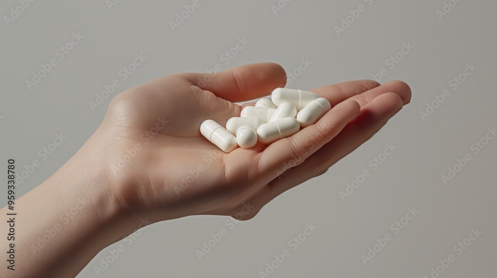 White pills in hand on white background mockup

