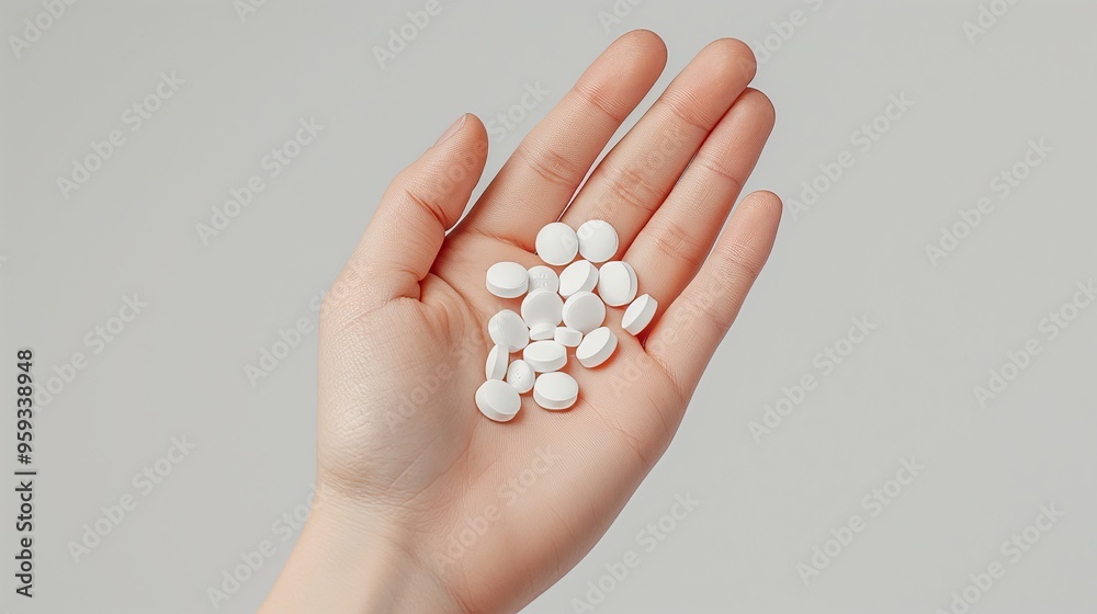White pills in hand on white background mockup
White pills in hand on white background mockup
