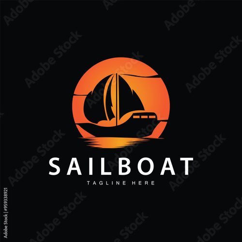 Simple fishing boat sailboat logo simple design black silhouette ship marine illustration template