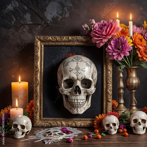 Altar with skull, flowers and candles as an offering for the Day of the Dead celebration with an empty photo frame, mockup, Halloween, copy space