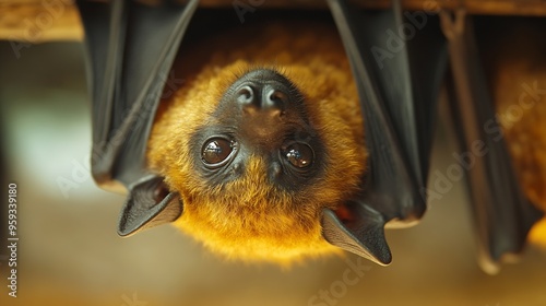 Fruit bats hang upside down with furled wings : Generative AI photo