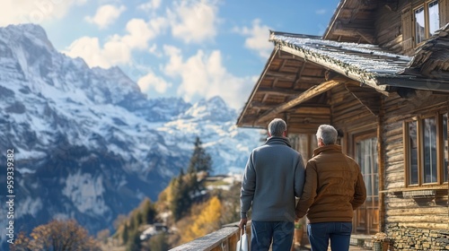 Aging couple checking into a mountain chalet, rustic design, scenic views outside selective focus, high-altitude retreat theme, realistic, Overlay, mountain vista backdrop