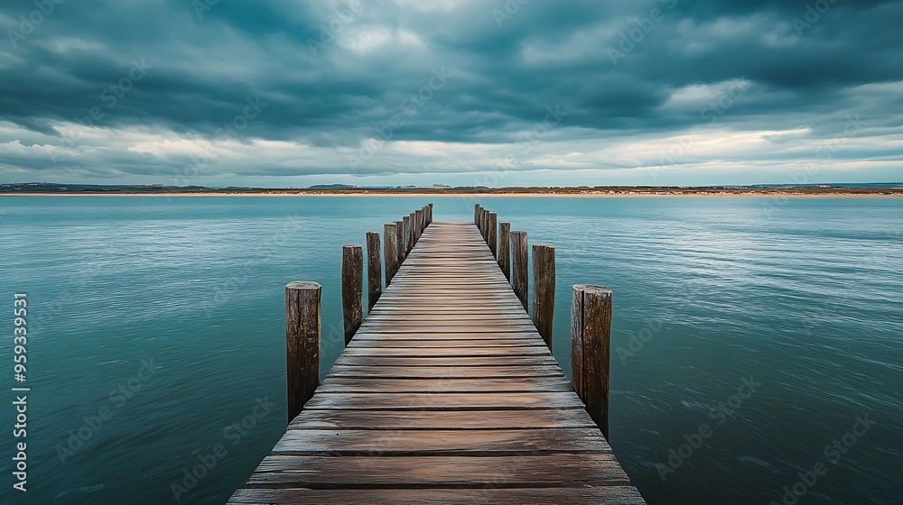 Fototapeta premium Empty wooden pier to the Ria de Aveiro in Portugal with dramatic sky and calm water Torreira Murtosa Portugal : Generative AI