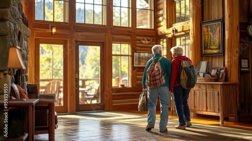 Elderly pair entering a mountain lodge, checking in for a peaceful retreat, cozy atmosphere selective focus, nature escape theme, vibrant, Composite, rustic cabin backdrop