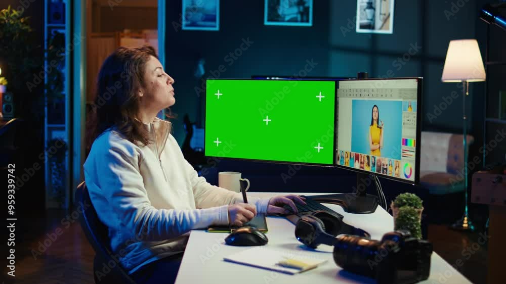 Photo editor using green screen monitor to look at editorial pictures taken with professional camera for fashion magazine. Freelancer browsing images on mockup PC, using graphic tablet, camera B