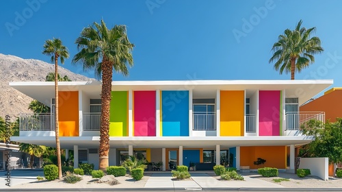 White building with colorful rainbow stripes and a palm tree in Palm Springs California : Generative AI