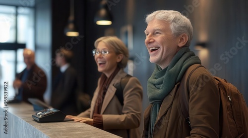 Senior travelers arriving at a boutique hotel, excited expressions, modern interior design focus on, hospitality theme, realistic, Double exposure, reception desk backdrop