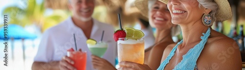 Senior travelers at a beachside resort, checking in with tropical drinks, sandy toes selective focus, oceanfront relaxation theme, whimsical, Overlay, beachfront bar backdrop photo