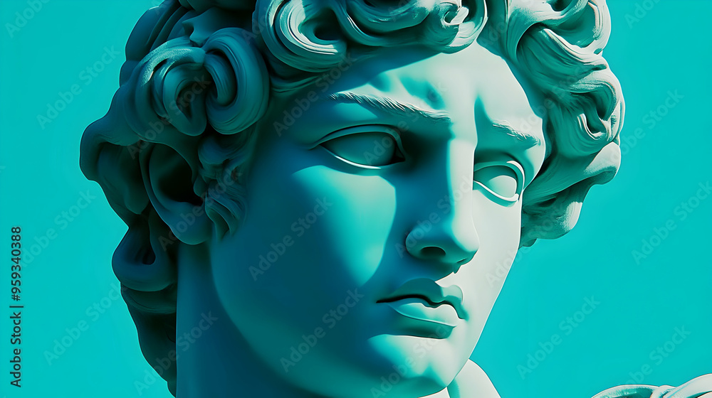 Close-up of a blue-toned marble sculpture of a man's face. Close-up of a blue-toned marble sculpture of a man's face.
