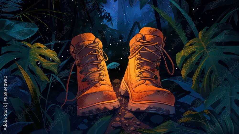 A pair of hiking boots sit amongst dark green leaves and glow under the starry night sky.