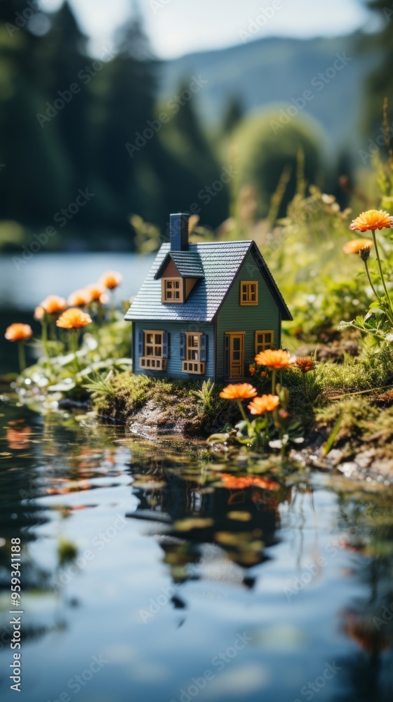 Fototapeta premium 川沿いに建つ洋風の家,Generative AI AI画像