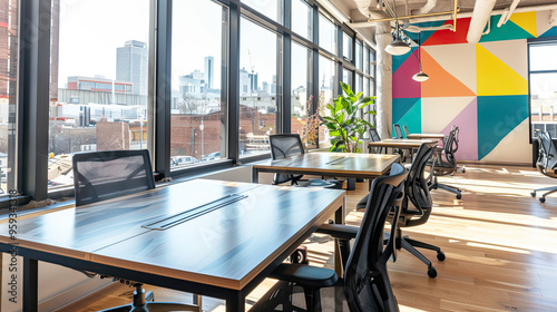 Dynamic Coworking Office with Vibrant Wall Art and City Views Through Large Windows