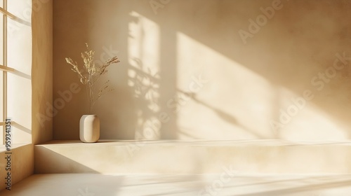 cosmetic beauty presentation background minimal abstract brown concrete background with light for product displayed shadow and light from windows on rustic plaster wall beige studio ba : Generative AI