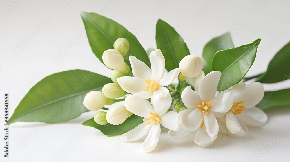 Obraz premium Neroli blossom flowers and buds isolated on white White bitter orange citrus flower bunch Fleur doranger bloom Orange tree fragrant flower Beautiful flor de azahar : Generative AI