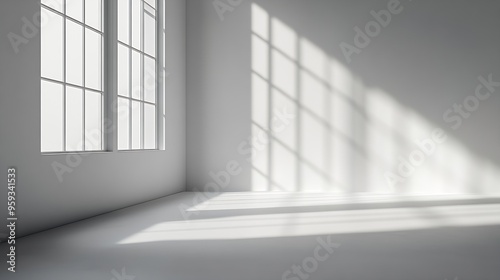 Abstract white studio background for product presentation Empty room with shadows of window Display product with blurred backdrop : Generative AI