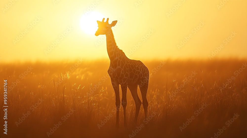 Naklejka premium Wildlife silhouetted against a dusty sunrise with the massive m : Generative AI
