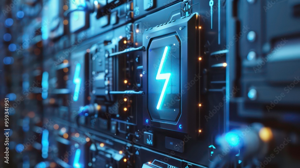Glowing lightning bolt symbol on a futuristic server panel. Glowing lightning bolt symbol on a futuristic server panel.