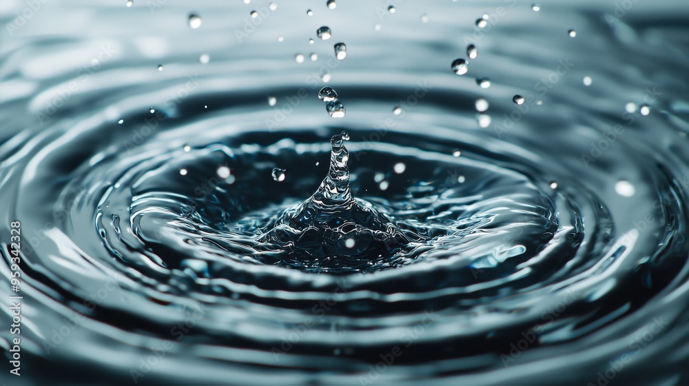 A top view of water drops splashing on a smooth glass surface, creating concentric ripples with soft reflections of light A top view of water drops splashing on a smooth glass surface, creating concentric ripples with soft reflections of light