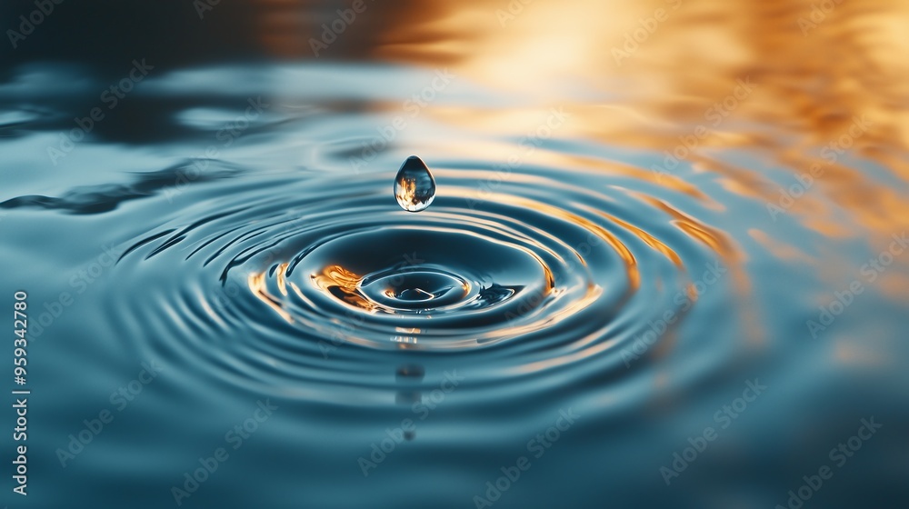A single water drop falling on a smooth blue surface from above, creating a large ripple and light reflections A single water drop falling on a smooth blue surface from above, creating a large ripple and light reflections