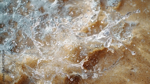 A top view of water drops splashing on a sandy surface, forming delicate ripples and small splashes with a natural texture