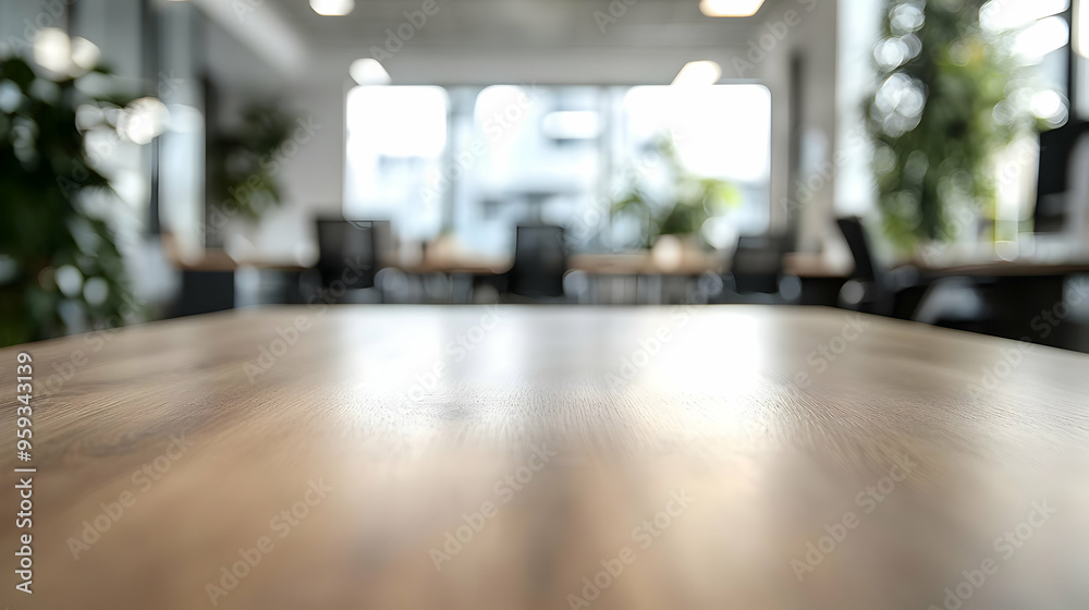 Closeup of a wooden table surface with a blurred background of a modern office. Closeup of a wooden table surface with a blurred background of a modern office.