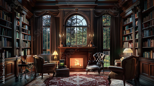 Sophisticated Library with Leather Chairs, Grand Fireplace, and Arched Windows