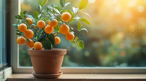 Tangerine tree with fruits in terracotta pot at home Decorative Calamondin citrus houseplant on windowsill Indoor gardening concept Citrus plant for interior Soft focus : Generative AI photo