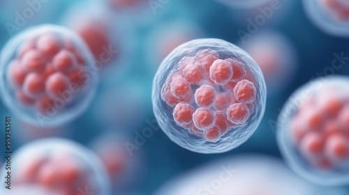 Detailed view of a blastocyst forming from rapidly dividing cells, early embryonic development, microscopy