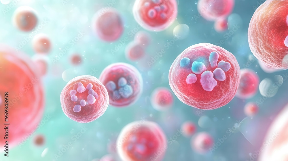 Digital art of stem cells differentiating in a vibrant environment, cell differentiation, developmental biology Digital art of stem cells differentiating in a vibrant environment, cell differentiation, developmental biology