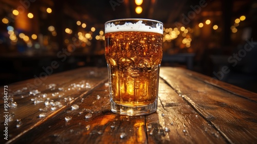 High-resolution image of a beer glass on a wooden bar top, with dramatic backlighting  