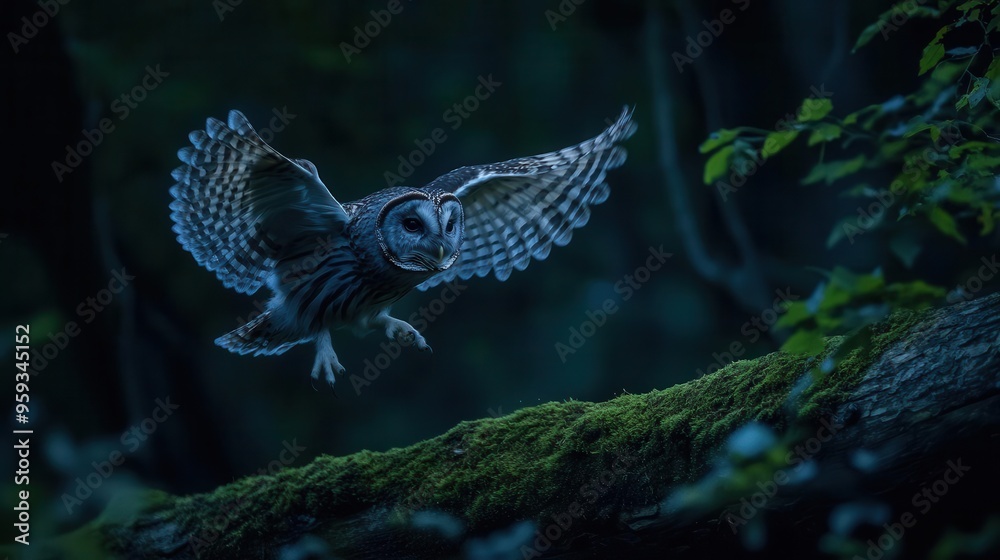 Fototapeta premium Owl landing silently on a moss-covered log, dark forest background, subtle motion blur, midnight scene, wildlife photography, natural habitat