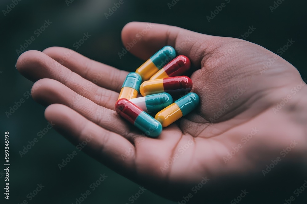 A hand is holding a pill bottle with six different colored pills. Concept of variety and diversity A hand is holding a pill bottle with six different colored pills. Concept of variety and diversity