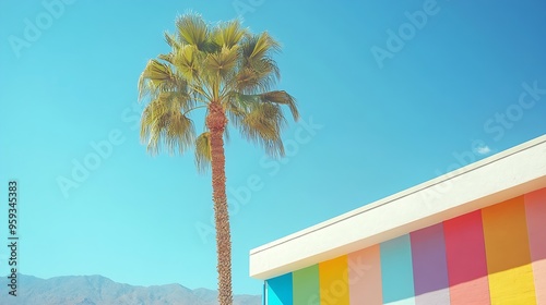White building with colorful rainbow stripes and a palm tree in Palm Springs California : Generative AI