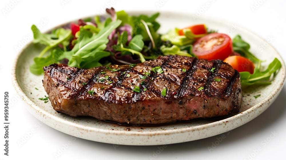 BBQ Grilled Wagyu New York beef meat steak or Striploin steak in a plate with salad Isolated on white background : Generative AI BBQ Grilled Wagyu New York beef meat steak or Striploin steak in a plate with salad Isolated on white background : Generative AI