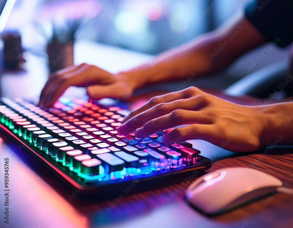 A close-up of hands typing on a mechanical keyboard, with colorful keycaps and a mouse besid
