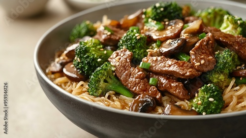 Stir fried rice noodles with beef with broccoli and mushrooms Closeup Macro Isolated on a beige background Southeast Asian cuisine Gourmet meal : Generative AI