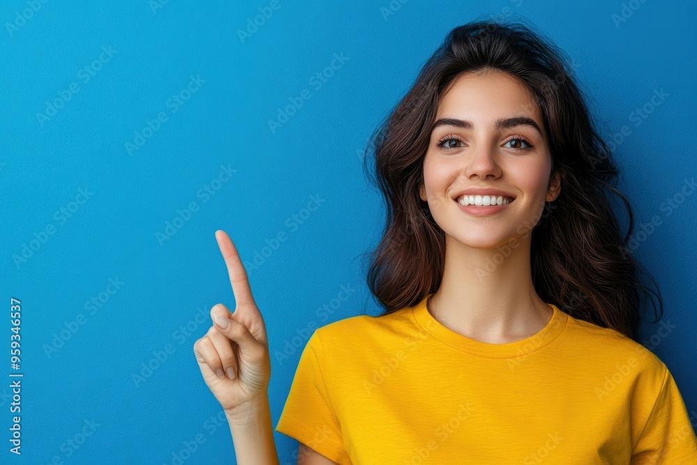 Happy Young Woman in Yellow Shirt Pointing Upwards. Generative AI. Happy Young Woman in Yellow Shirt Pointing Upwards. Generative AI.